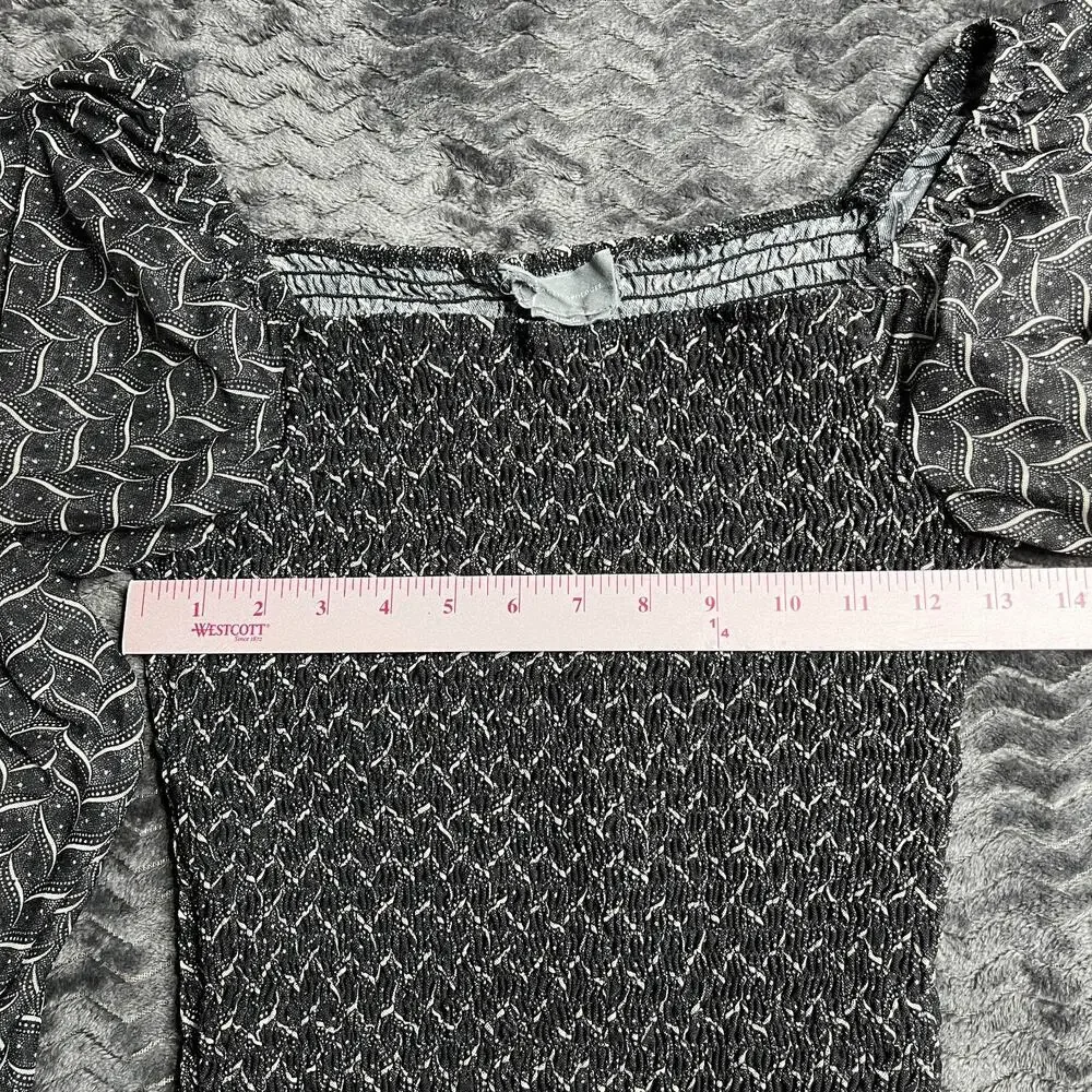 Anthropologie Rouen Top Gray Black Smocked Sheer Long Sleeve Blouse Size M